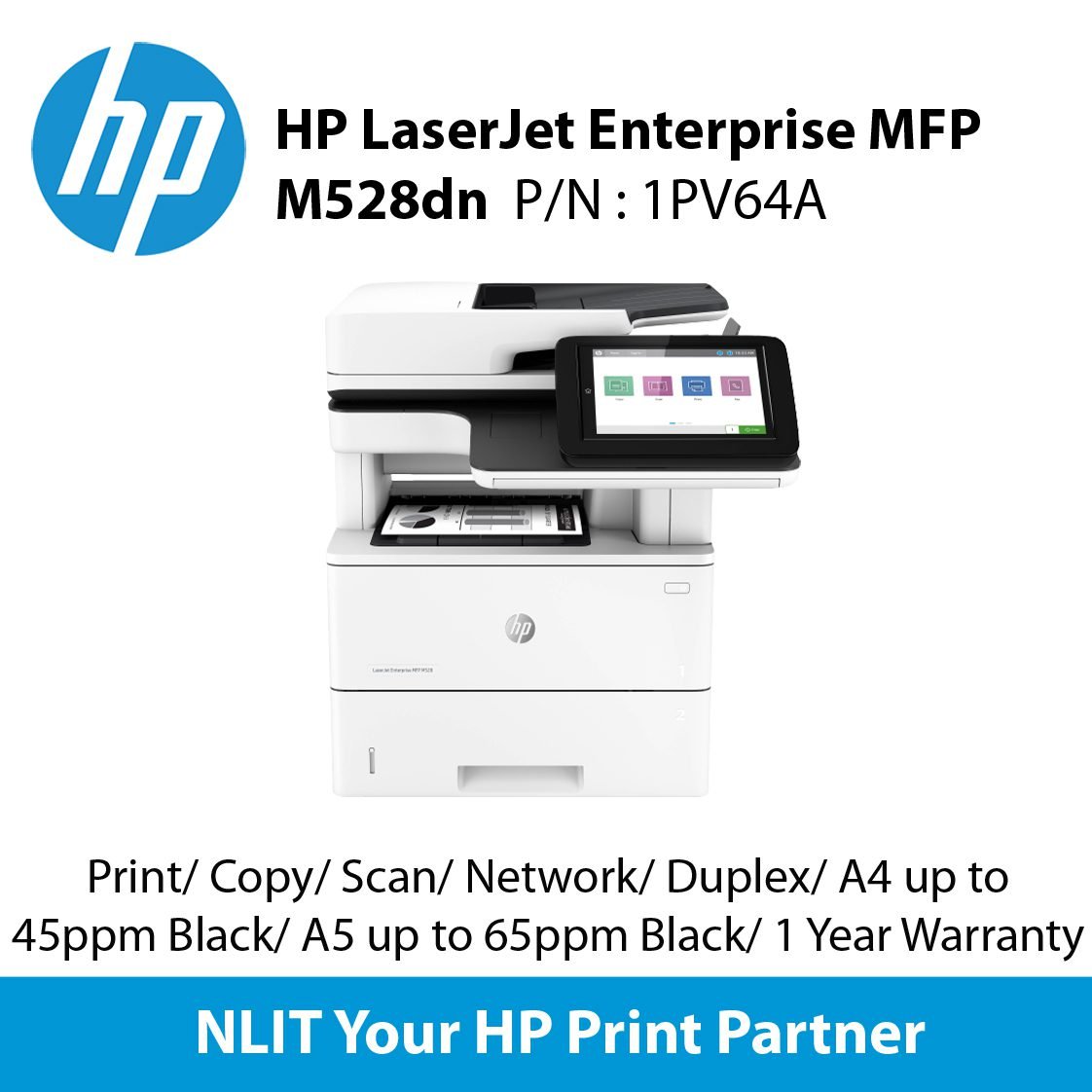 HP LaserJet Enterprise MFP M528dn Printer (1PV64A) Print, copy, scan, Up to 43 ppm, Duplex, Network, 1 year Warranty