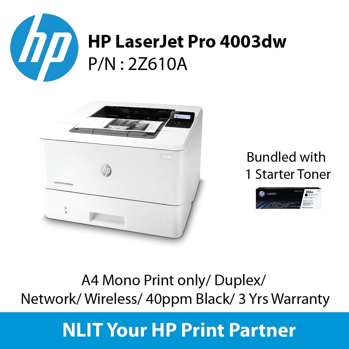 HP LaserJet Pro 4003dw (2Z610A) Printer A4 Mono Print only, Duplex, Network, Wireless, 40ppm Black, 3 Yrs Warranty, Bundled 1 Starter Toner