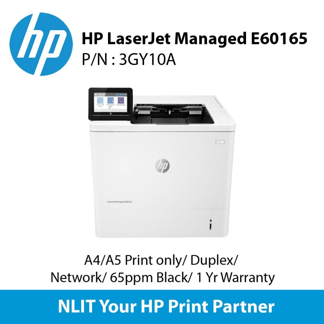 HP LaserJet Managed E60165dn (3GY10A) Print Only, Up to 61ppm, Duplex, Network, 3 Years NBD Onsite + DMR Warranty