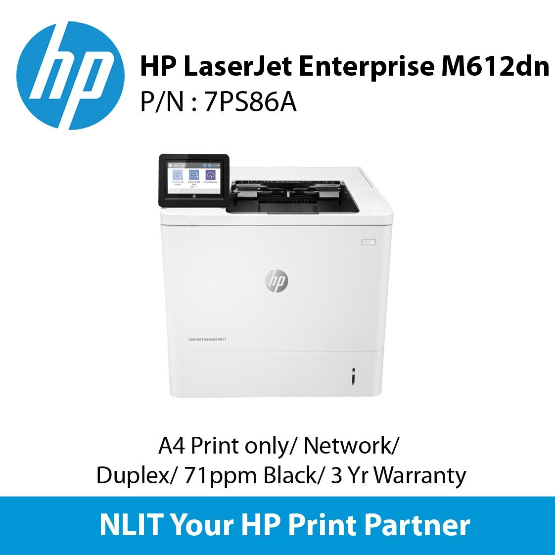 HP LaserJet Enterprise M612dn (7PS86A) A4 Print only, Network, Duplex,  71ppm Black, 3 Yrs Warranty