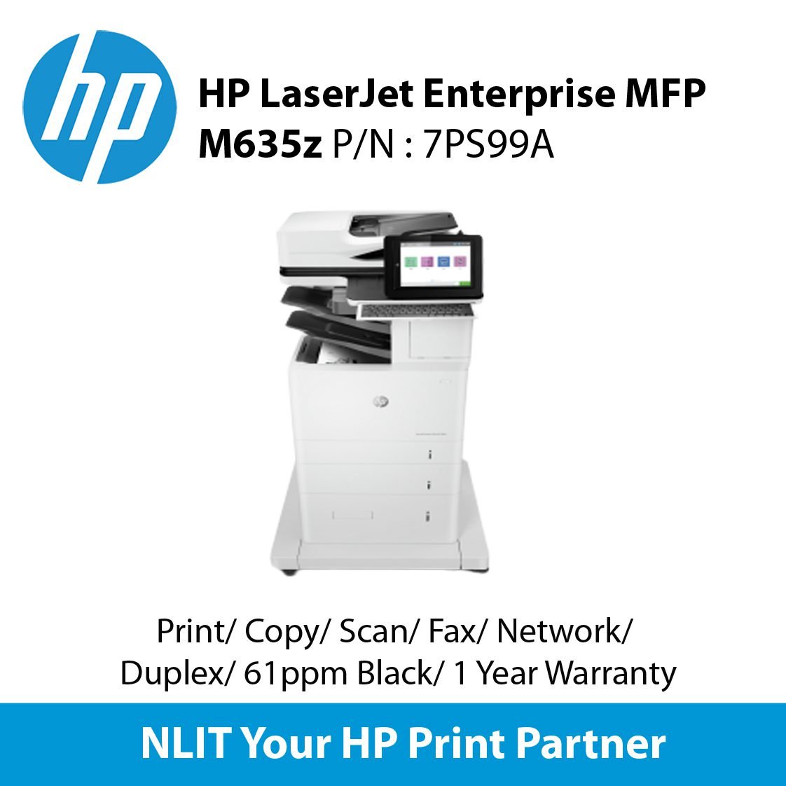 HP LaserJet Enterprise MFP M635z Printer (7PS99A) Print, copy, scan, fax, Up to 61 ppm, Duplex, Network, 1 year