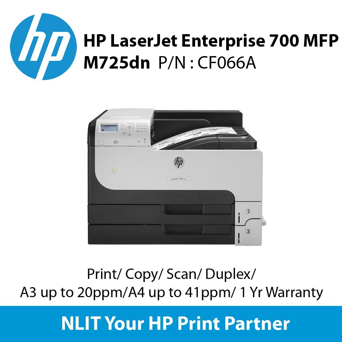 HP Laserjet Enterprise MFP M725dn Printer (CF066A) Print, Scan, Copy, A4 Up to 41ppm, A3 Up to 20ppm, Duplex, Network, 1 year NBD Onsite Warranty