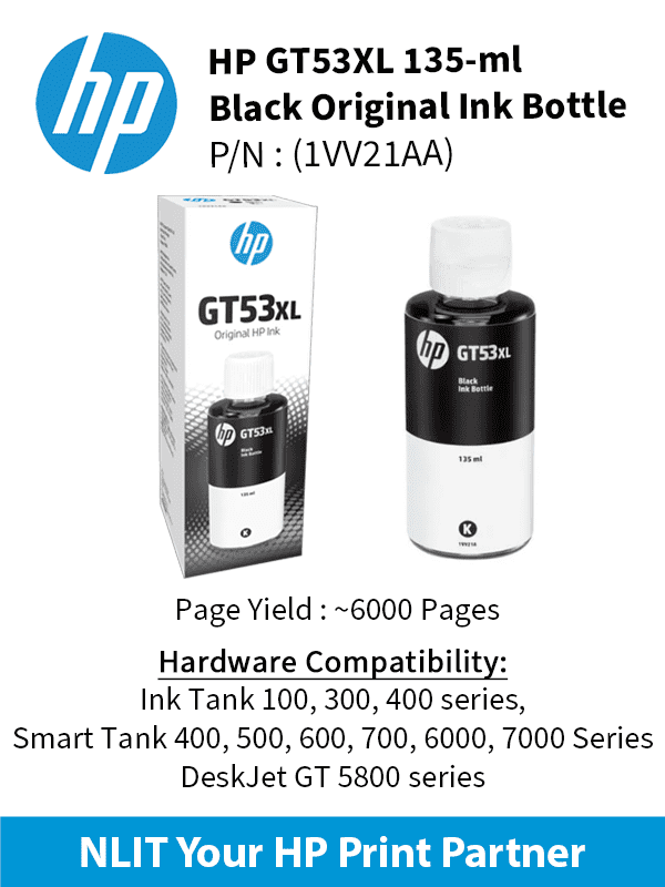 HP GT53XL Black Original Ink Bottle : 6,000 pgs : 1VV21AA