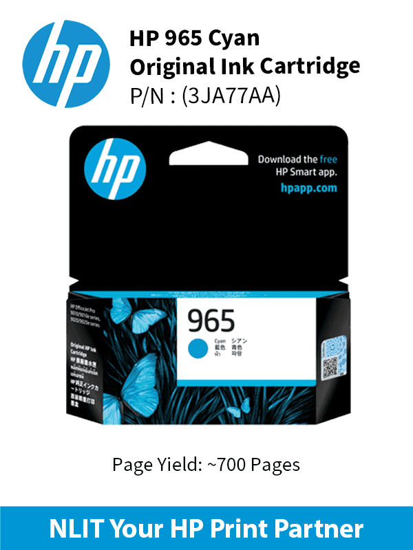 HP 965 Cyan Original Ink Cartridge : 700 pgs : 3JA77AA