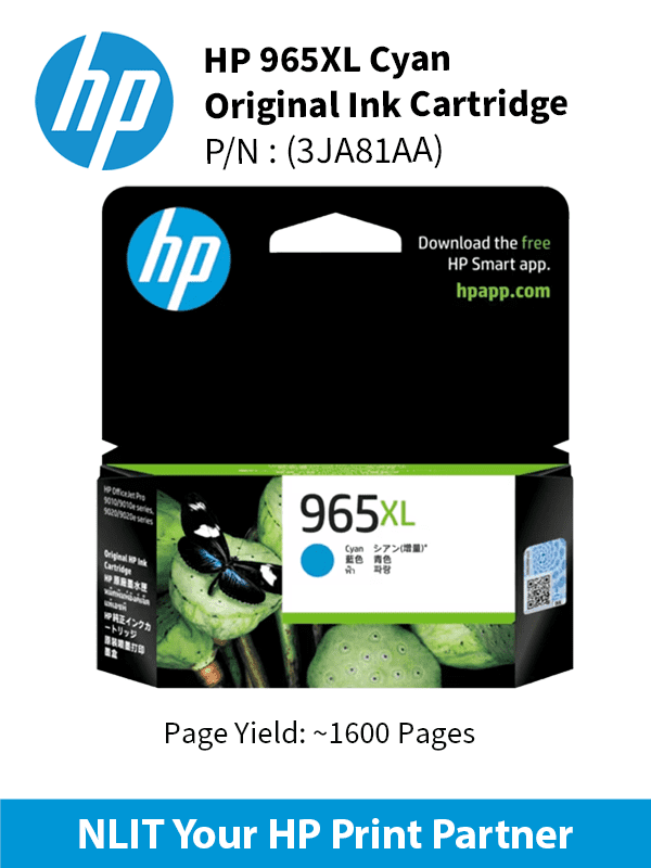 HP 965XL Cyan Original Ink Cartridge : 1,600 pgs : 3JA81AA