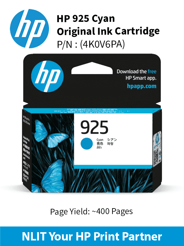 HP 925 Cyan Original Ink Cartridge : 400pgs 4K0V6PA