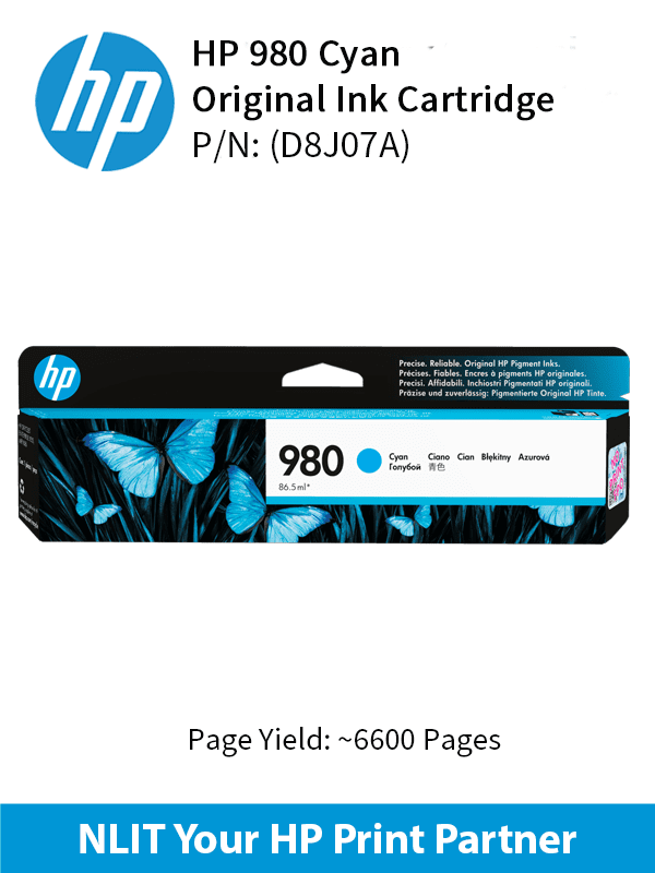 HP Original Toner : HP 980 Cyan : Std : 6,600pgs : D8J07A : 6 Months Warranty