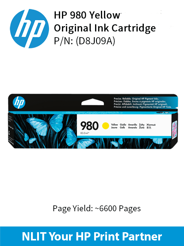 HP Original Toner : HP 980 Yellow : Std : 6,600pgs : D8J09A : 6 Months Warranty