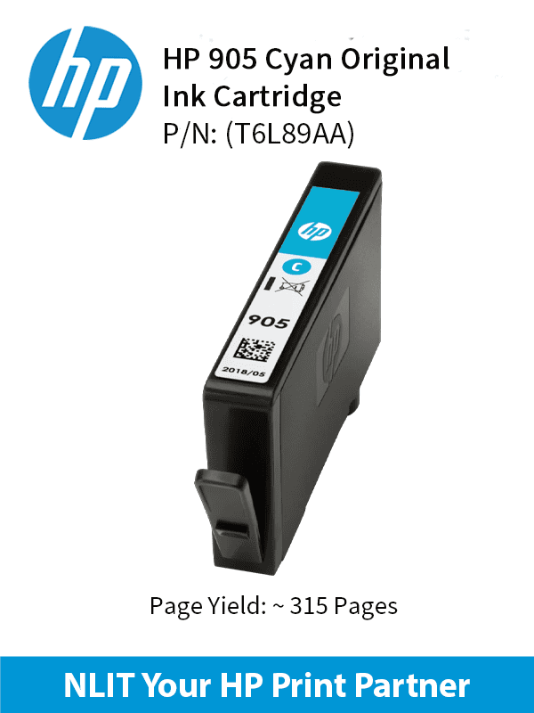 HP 905 Cyan Original Ink Cartridge : 300 pgs : T6L89AA