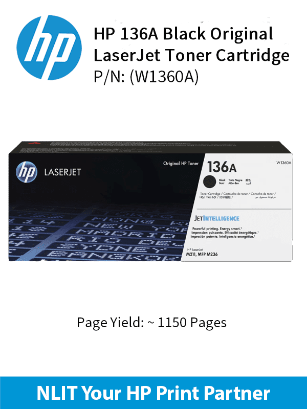 HP 136A Black laserjet Toner : 1150pgs : W1360A