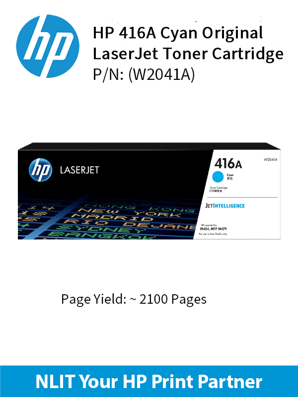 HP Original Toner : HP 416A Cyan : Std : 2,100pgs : W2041A :  2 Years Direct HP Warranty
