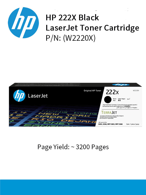 HP 222X Black Original Laser Toner Crtg : 3200pgs : W2220X