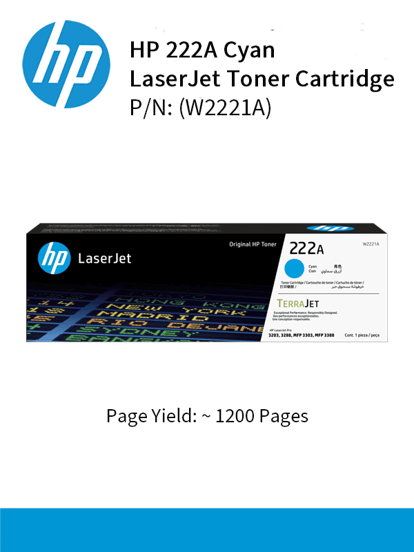 HP 222A Cyan Original Laser Toner Crtg : 1,200pgs : W2221A