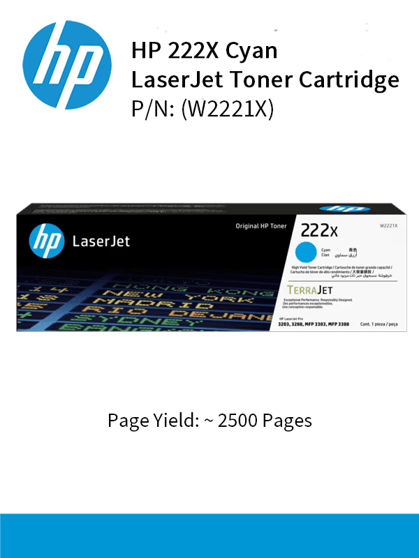 HP 222X Cyan Original Laser Toner Crtg : 1,200pgs : W2221X