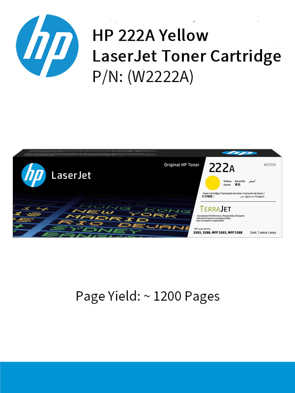 HP 222A Yellow Original Laser Toner Crtg : 1,200pgs : W2222A