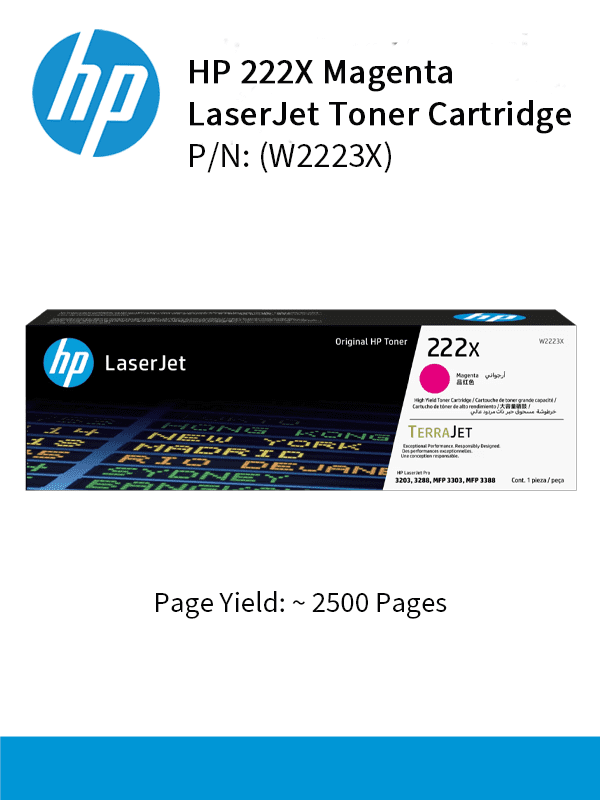 HP 222X Magenta Original Laser Toner Crtg : 2,500pgs : W2223X