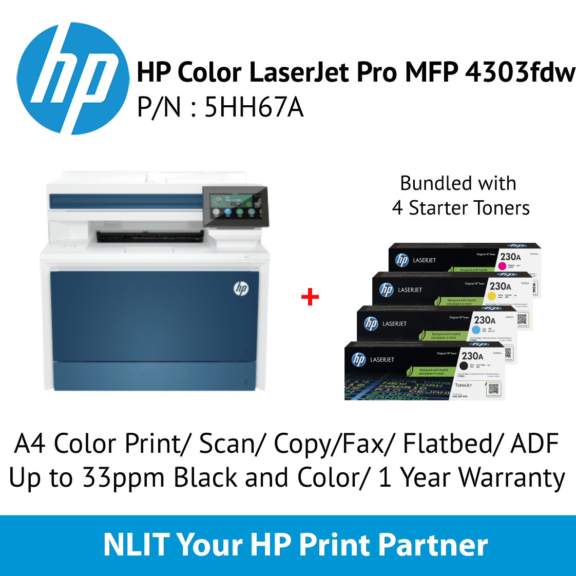 HP Color LaserJet Pro MFP 4303fdw (5HH67A) A4 Color Printer, Scan, Fax, Copy, Flatbed, ADF, Up to 33ppm Black and Color, 3 Year Onsite Warranty, Bundled 1 Set Starter Toner Pack, Black Cyan Yellow Magenta