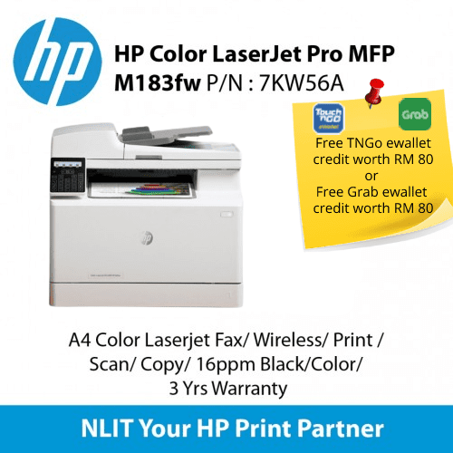 HP Color LaserJet Pro MFP M183fw 7KW56A , Print , Scan, Copy, Fax, Network, Wireless,  16ppm Black/Color, 3 Yrs Warranty (TNG)