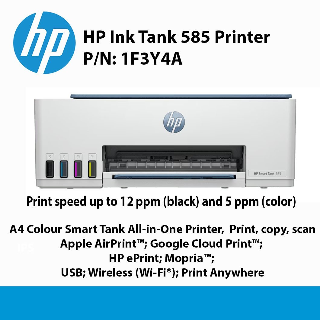 HP Smart Tank 585 ,  A4 Color Print, Wireless, Scan, Copy, 12ppm black, 5 ppm Color, 2 Years Warranty, Bundled with 1 Set Starter Ink and 1 Extra Black Large TG53XL