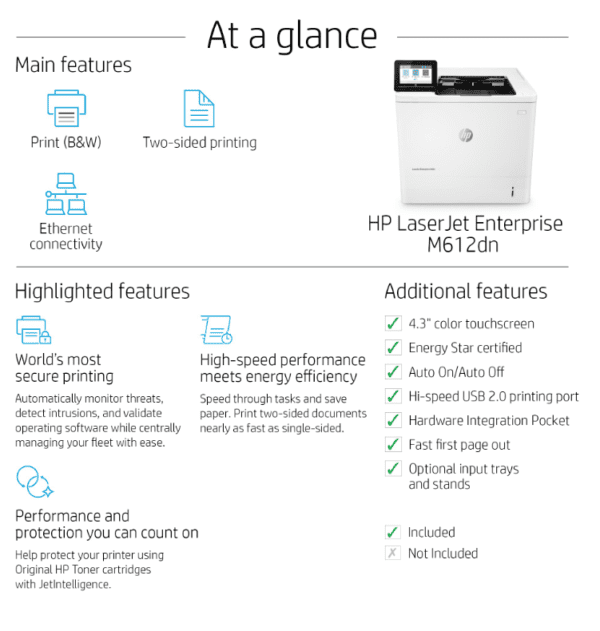 M612dn202.png HP LaserJet Enterprise M612dn (7PS86A) A4 Print only, Network, Duplex, 71ppm Black, 3 Yrs Warranty