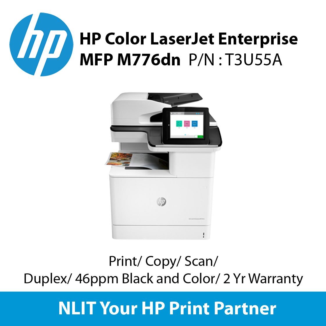 T3U55A.jpg HP Color LaserJet Enterprise MFP M776dn Printer (T3U55A) Print, Scan, Copy, A4 Up to 46ppm, Duplex, Network, 2 years NBD Onsite warranty