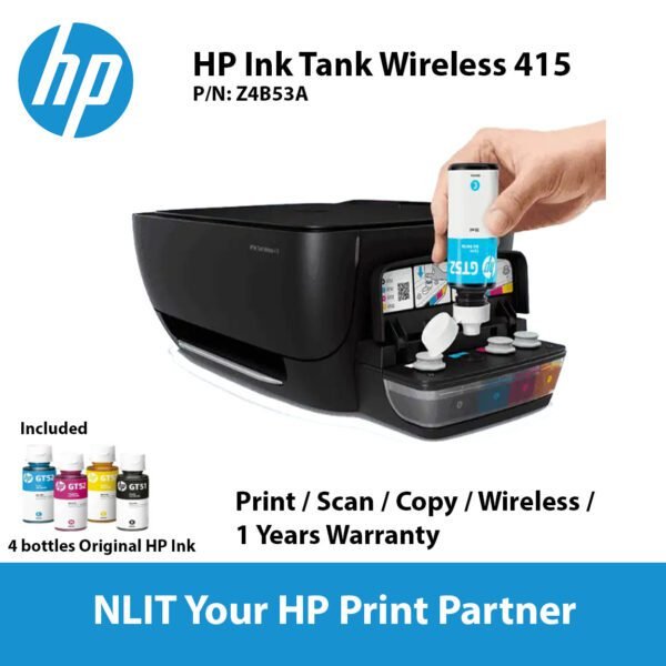 HP Smart Tank 750, A4 Color Print, Wireless, Scan, Copy, ADF, 15ppm black, 9 ppm Color, 2 Years Warranty, Bundled with 4 bottles Ink included 4 bottles of Ink (TNG)