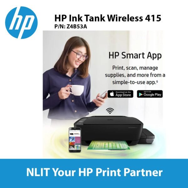 HP Smart Tank 750, A4 Color Print, Wireless, Scan, Copy, ADF, 15ppm black, 9 ppm Color, 2 Years Warranty, Bundled with 4 bottles Ink included 4 bottles of Ink (TNG)